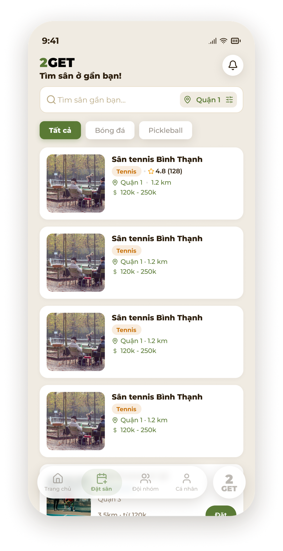 Màn hình đặt sân trong ứng dụng 2GET