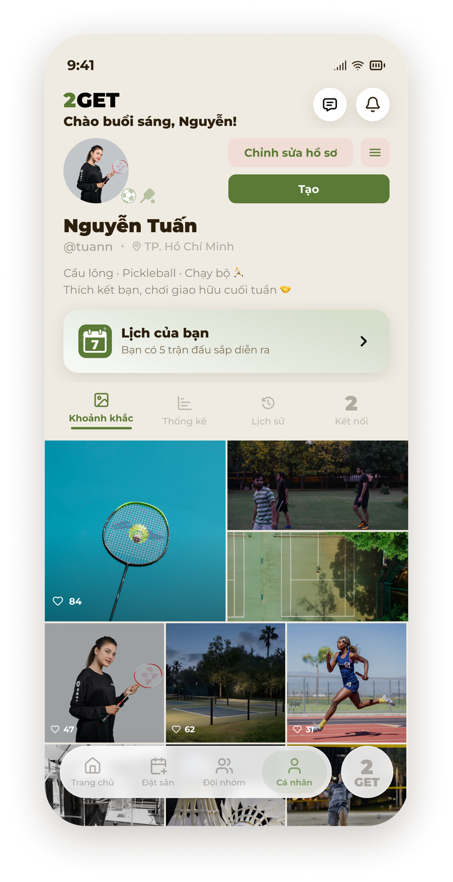 Màn hình hồ sơ cá nhân trong ứng dụng 2GET